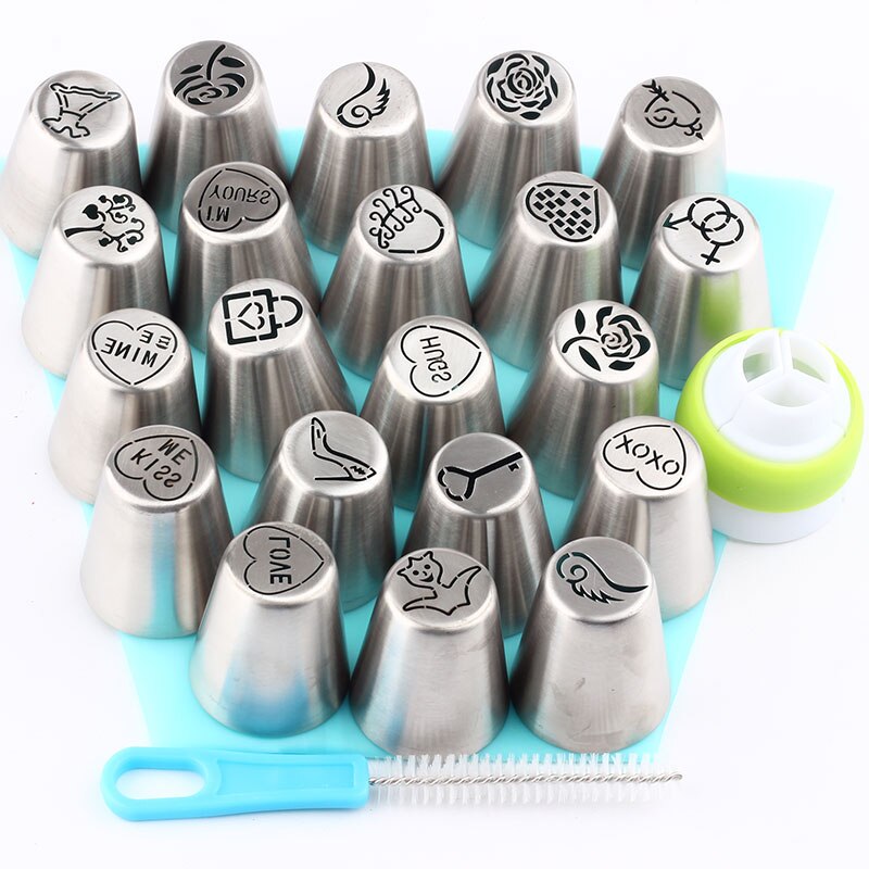 1 Pcs Silincon Tas 1 Pcs Borstel 1 Stuks Koppeling + Verschillende Vormen 21 Pcs Russische Pastry Tips Cake Piping icing Rvs Nozzles