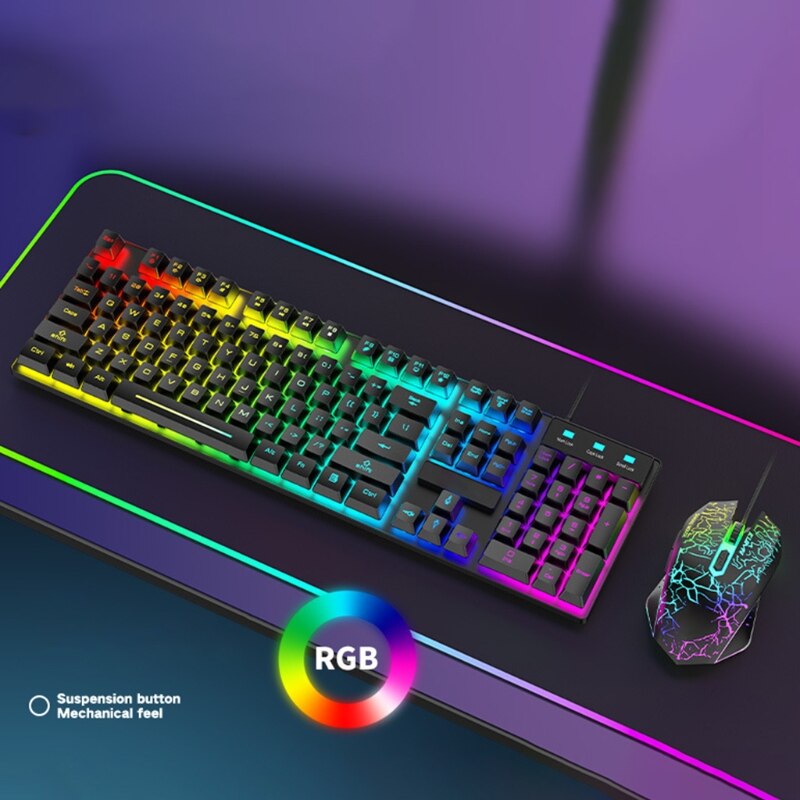 T6RGB Luminous Wired Gaming Keyboard and Mouse Set with Large Mouse Pad USB Colorful Backlit Mechanical Feel Keyboard