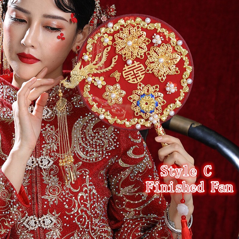 JaneVini bricolage ventilateur de mariée Style chinois Vintage mariage mariée main ventilateur Bouquet à la main perle rouge métal fleur ventilateur support étagère: Style C Finished Fan