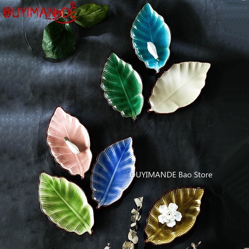 Japonés hielo Crack forma de hoja de cerámica, platos para aperitivos placa bajo esmalte de porcelana de la placa de la cena salsa picante plato de Sushi, torta bandeja