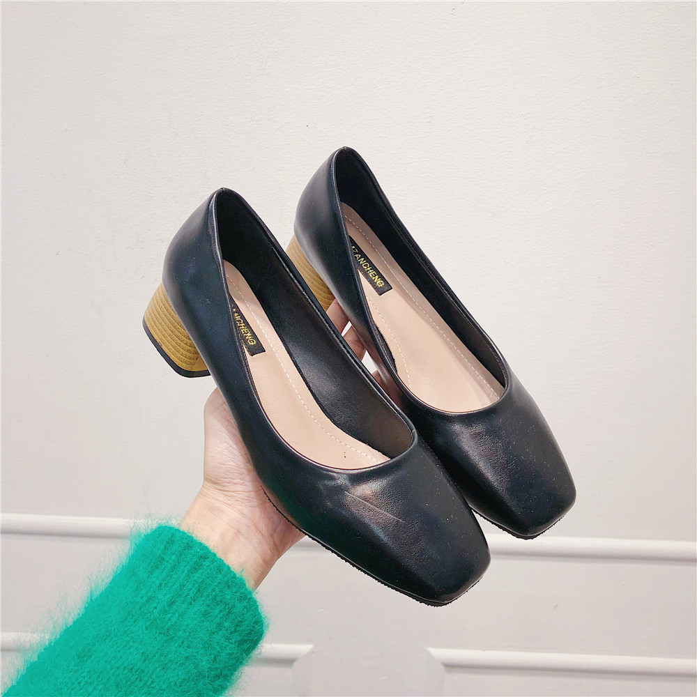 Eoeodoit vår høst med hæl sko kvadrat tå lær pumps slip on uformell chunky hæl kontor dame arbeidssko