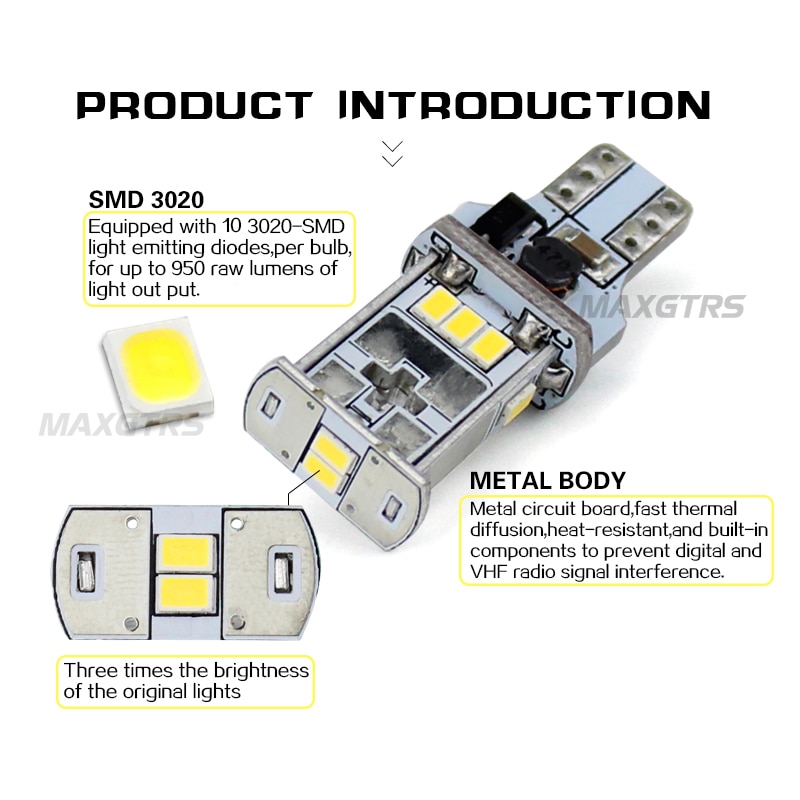 MAXGTRS 2x921 912 T15 W16W ampoule LED CANBUS sans erreur pour voiture de secours arrière arrière feux arrière blanc ambre blanc 4300 K