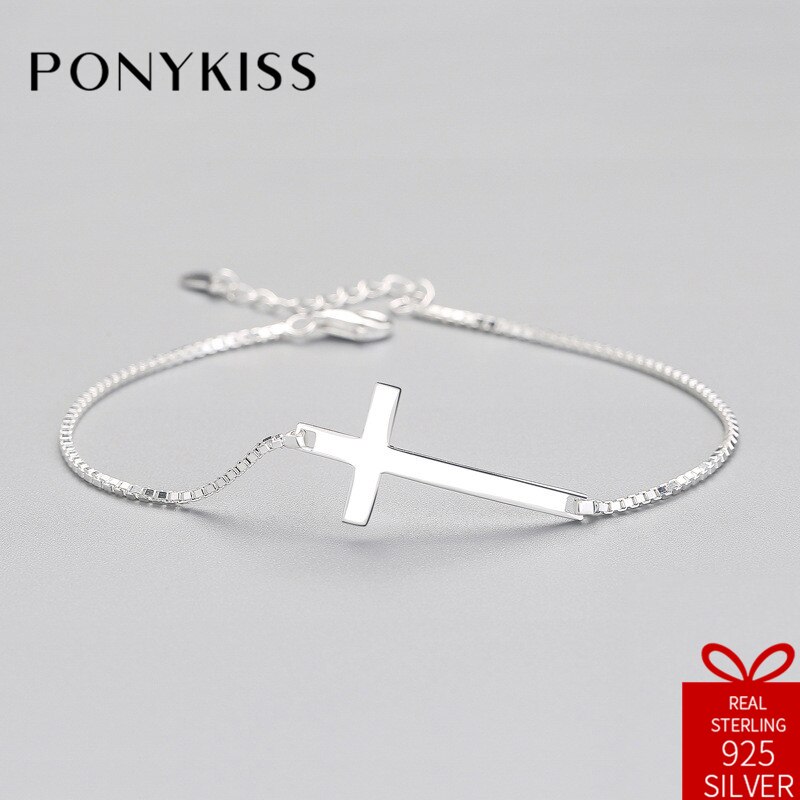 PONYKISS Religieuze 100% S925 Sterling Zilver Eenvoudige Cross Leuke Armbanden Fijne Sieraden Vrouwen Creatieve Zoete Verjaardag Party