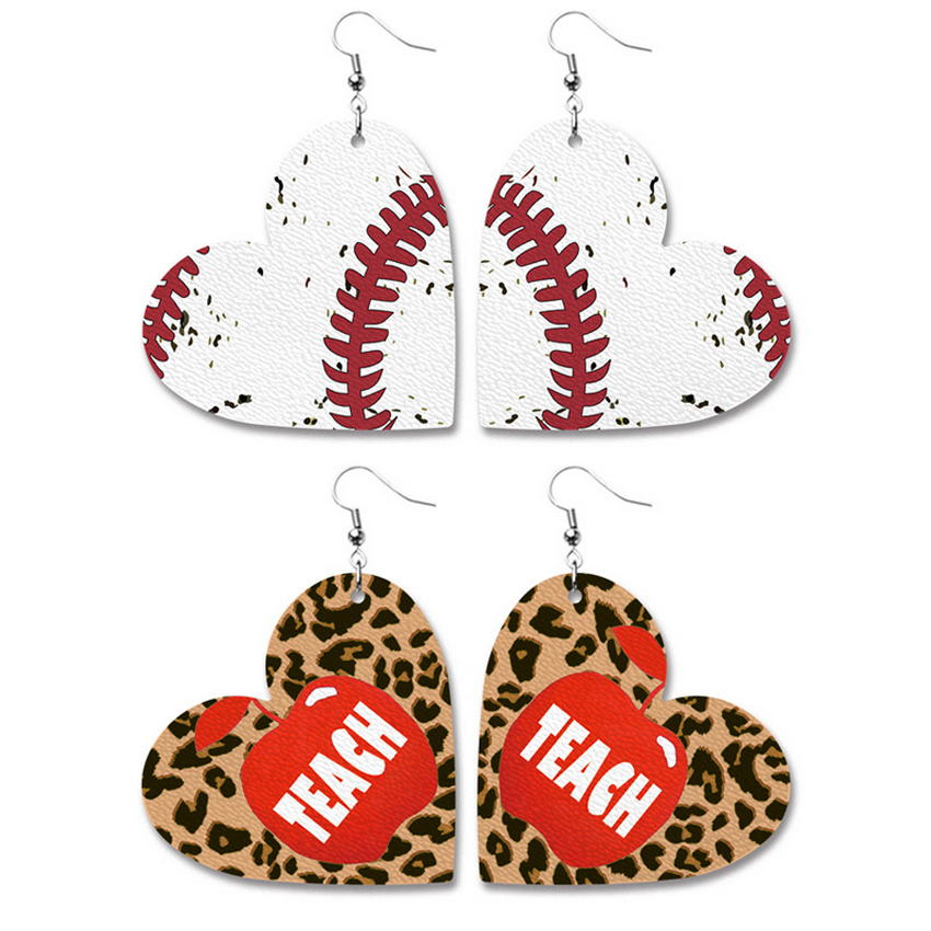 Cheetah Baseball Print Pu Leer Hart Dangle Oorbellen Aankomst Liefde Hart Vorm Luipaard Oorbellen Mode-sieraden