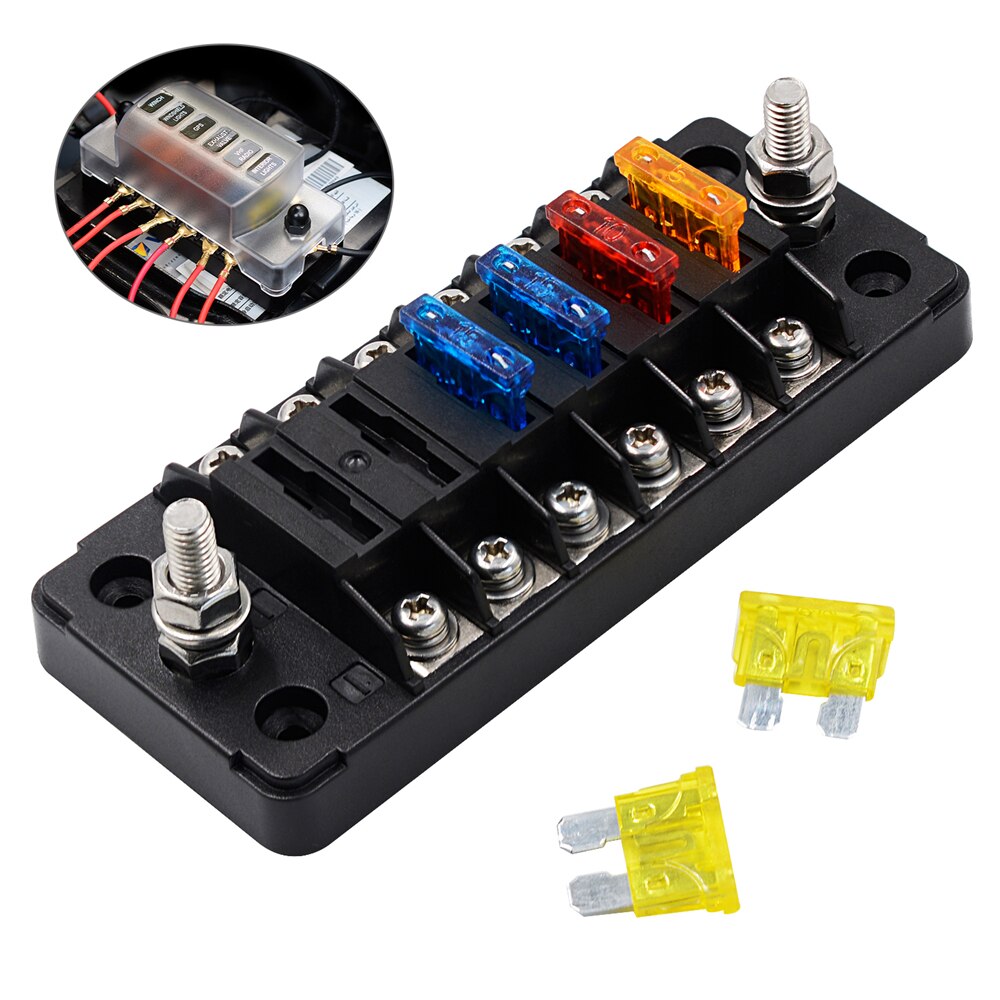 1PCS 6-Way Fuse Box with 12 Fuses 75A, 32V DC 6 Circuit Blade Fuse Block Holder W/Negative Bus with Ground For Auto Boat Marine