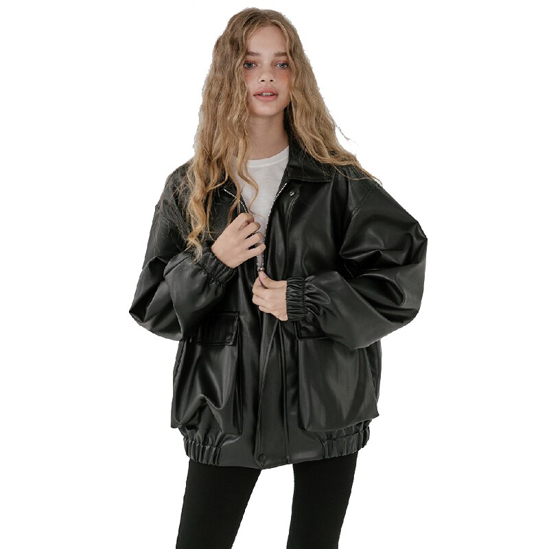 Lautaro veste en cuir surdimensionné femmes fermeture éclair manches longues col rabattu ample noir grande taille faux cuir vestes pour les femmes: Default Title