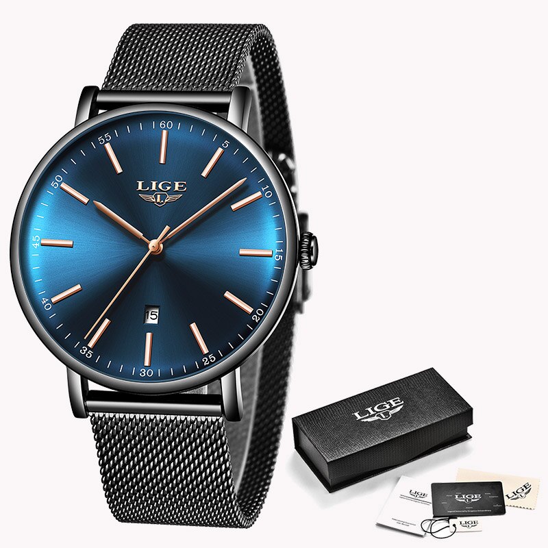 LUIK Vrouwen Horloges Rvs Mesh Riem Horloge Eenvoudige 8mm Ultra-dunne Quartz Klok Horloges Voor vrouwen + Box: Black blue Gold need