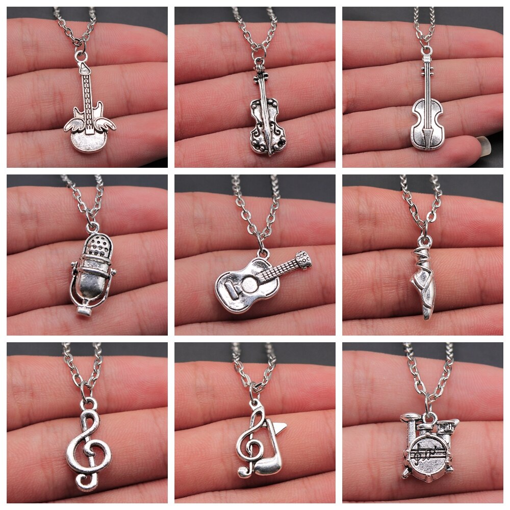 Musical Jewelry For Women Men Girl Boys Musical Note Microphone Drum Guitar Violin Pendant Necklace Antique Silver Color