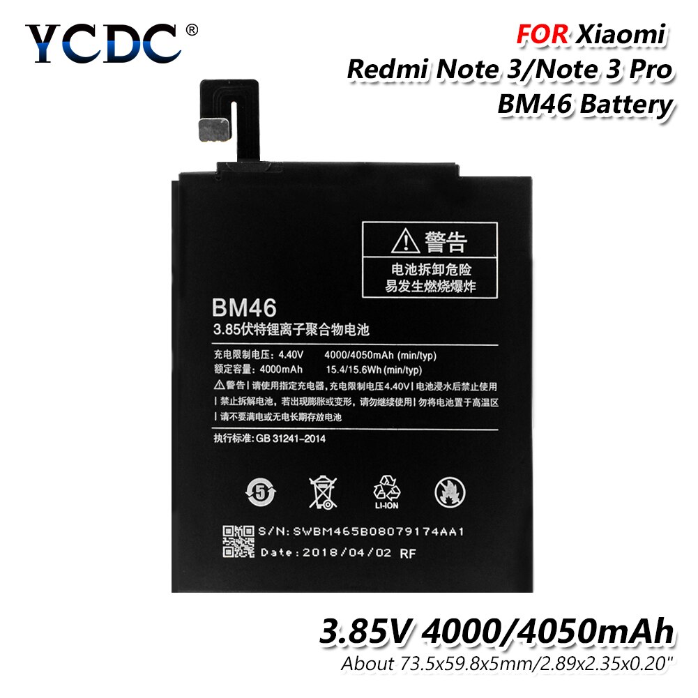 Batería de litio BM46 para Xiaomi, batería recargable de 3,85 V, 4050 / 4000 mAh para Redmi Note 3 / Note 3 Pro con herramienta de reparación: BM46