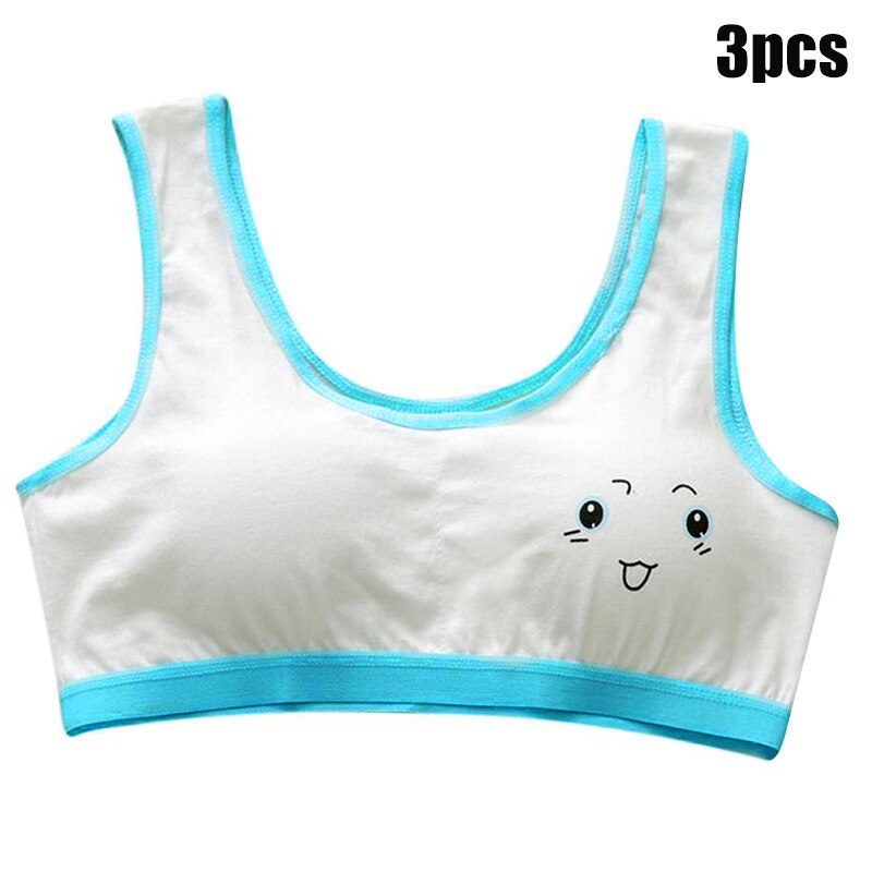 3pcs Cute Cartoon Girl Bra Soft Cotton Teenage Casual Training Bra for Students Teenager BM88: lake blue
