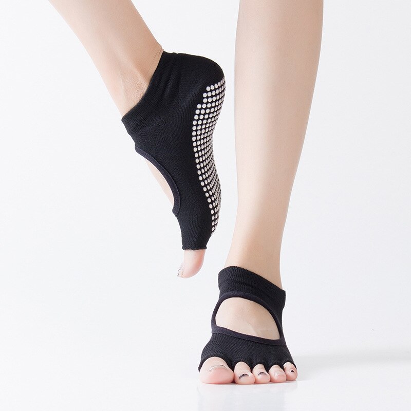 WOYYHO de Yoga-Calcetines antideslizantes con cinco dedos para mujer, medias deportivas transpirables con la espalda descubierta para ejercicio en el gimnasio, medias de algodón para masaje y Fitness: Negro