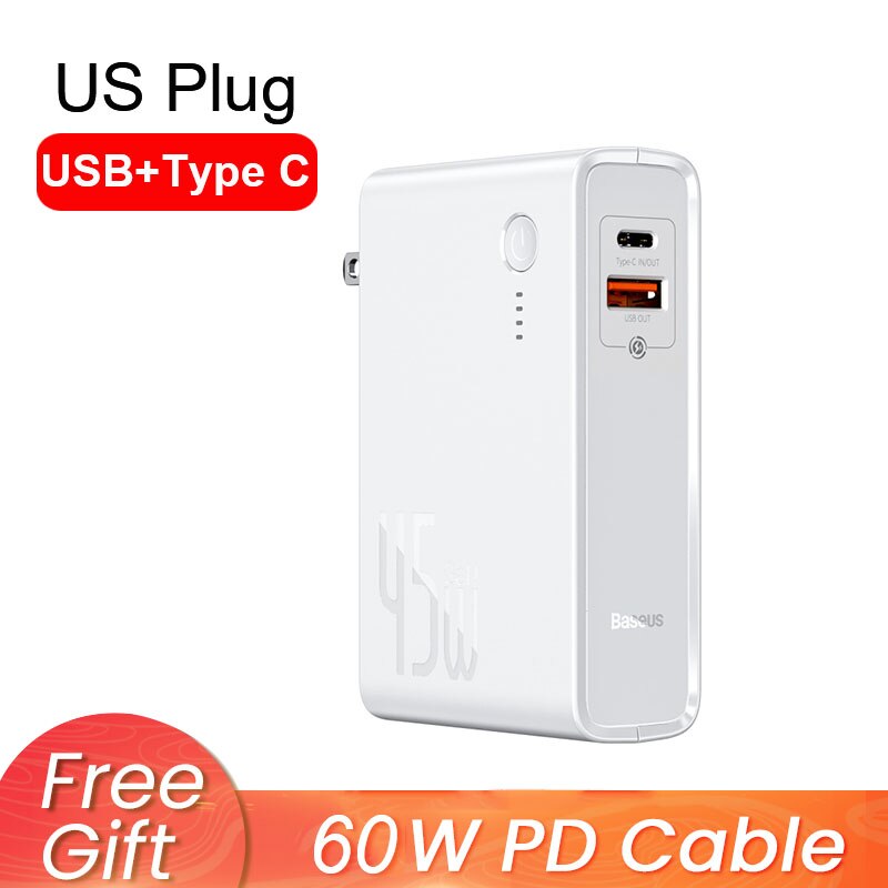 Baseus 2 In 1 Power Bank 10000Mah Gan Charger 2 In 1 Pd Qc 3.0 Afc Snel Opladen Usb oplader Voor Iphone Samsung Voor Macbook Pro: US USB with C White