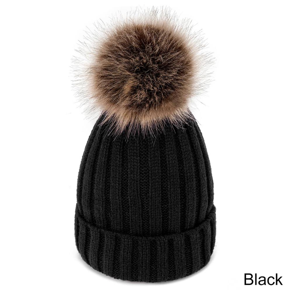 Women's Winter Hats Knit Plus Velvet Warm Beanie Hat Ladies Solid Color Pom-pom Hat Clothing Accessories: black