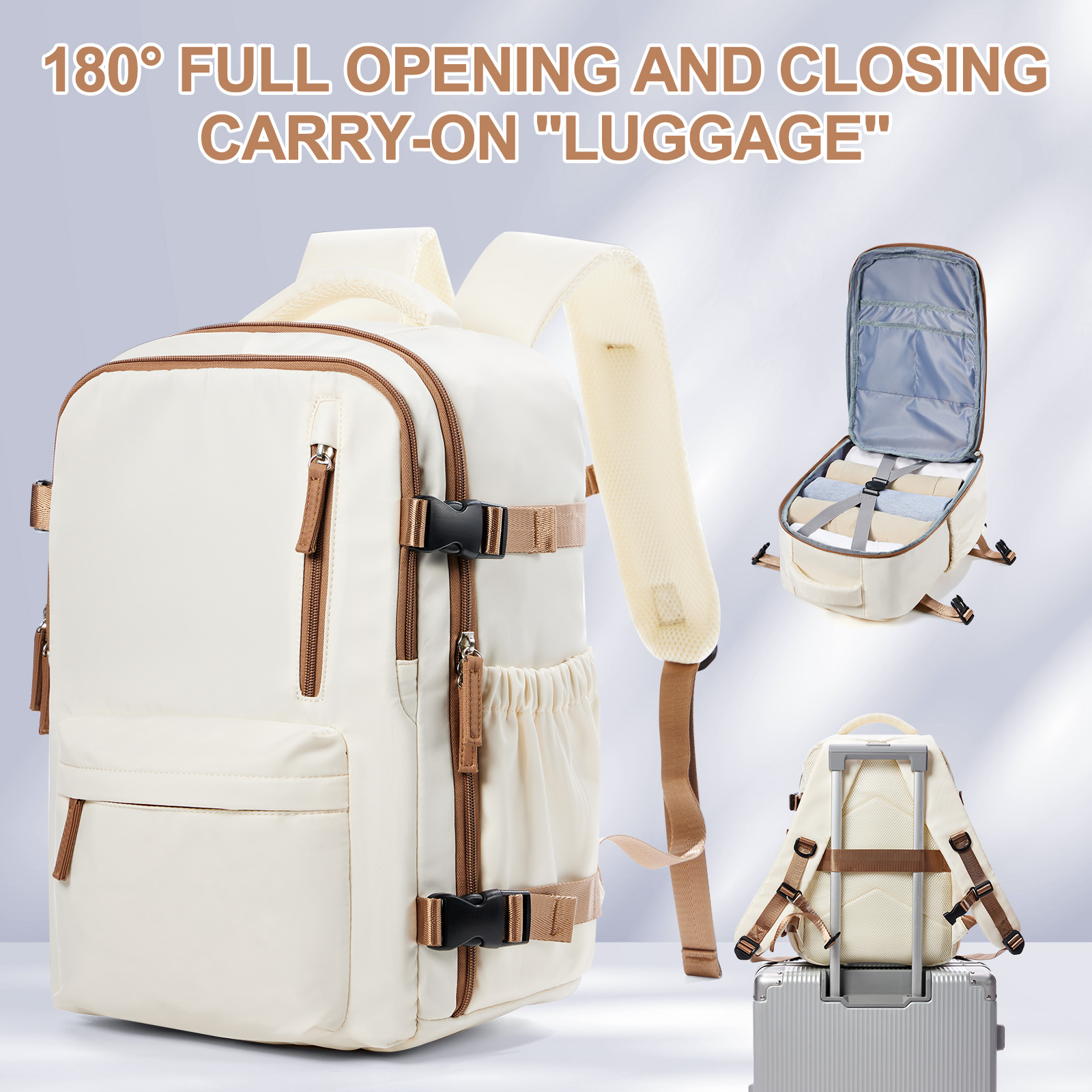 Travel Backpack Cabin Bag, Ryanair Backpack 40x20x25 Carry-Ons, Men Women 15.6 inch Laptop Backpack, Casual 40x28x17 Backpack: Beige