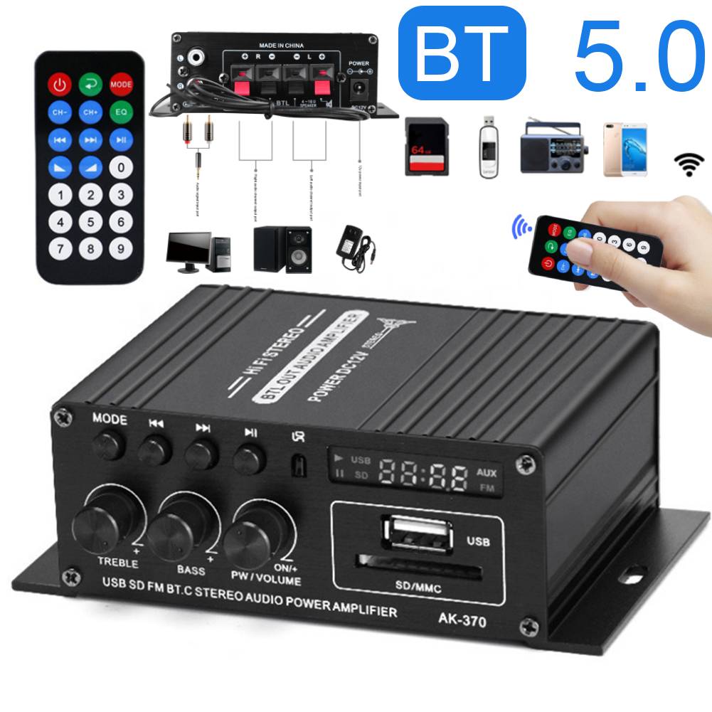 AK-370 Bluetooth Amplifier Mini Digital Power Audio Car Amplifier 20W+20W 12V HIFI Stereo Audio Amplifier for Home Theater Party