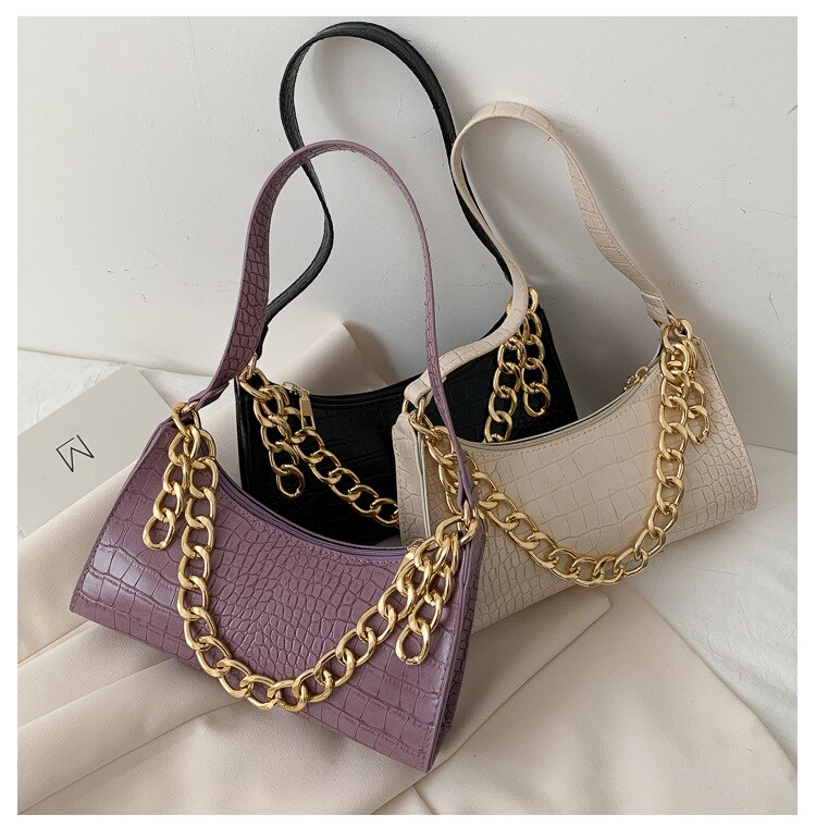Women Leather Thick Chain Shoulder Bag Casual Daily Travel Female Handbags
