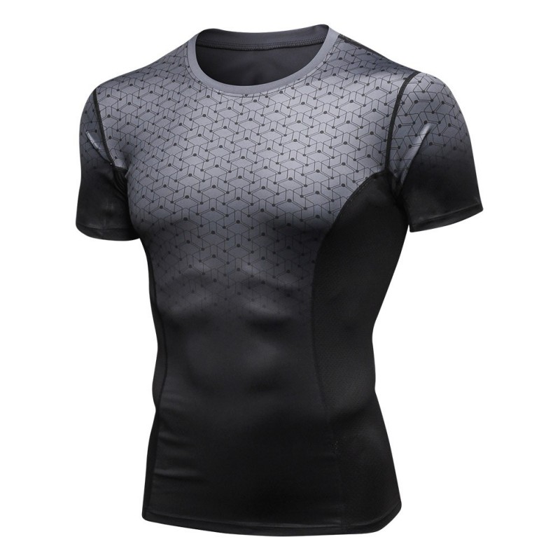 Mannen PRO Fitness Korte Mouw Print Gradiënt Sport Running High Velocity Droog Drogen T-Shirt Strakke Mouw