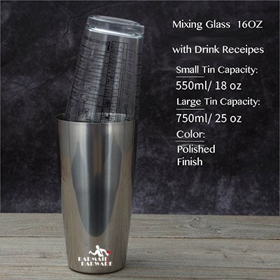 Stainless Steel Cocktail Boston Bar Shaker & 16 Oz. Mixing Glass Kit Cocktail Boston Shaker: Polish2