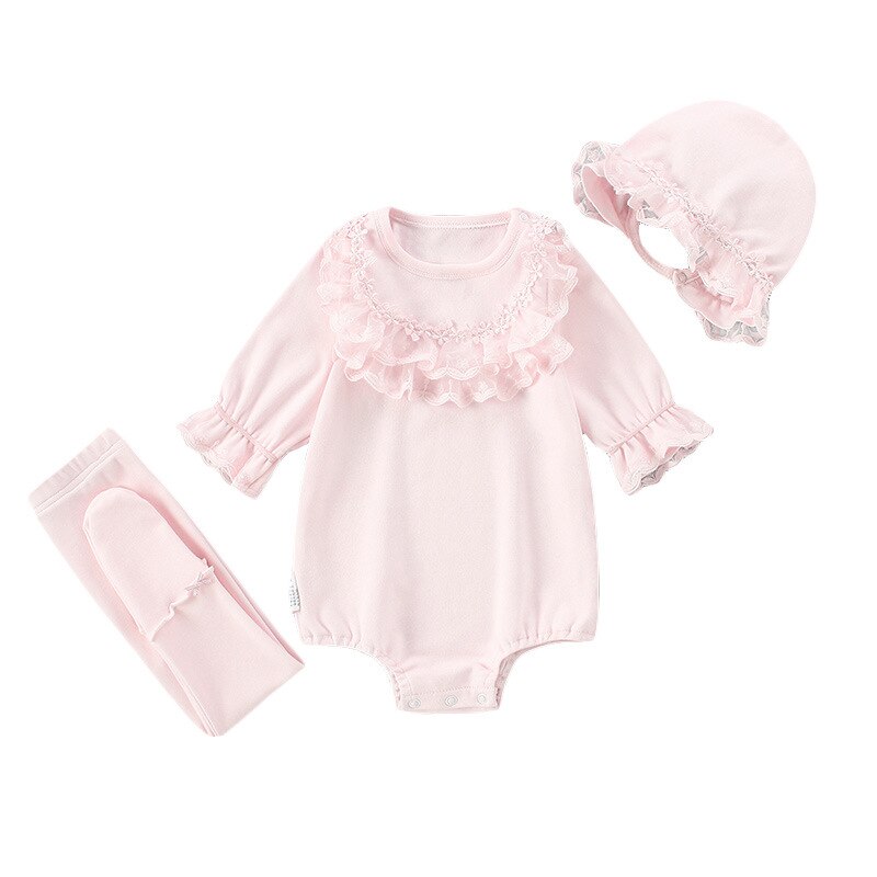Børn efterårstøj nyfødte blonder baby piger tøj spædbarn bodysuit + hat + stram 3 stk / sæt jumpsuit legetøj outfit 0-2y: 9m