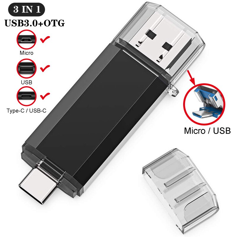 USB Flash Drive 3 IN 1 USB3.0 &amp; Type C OTG Pen Drive 32GB 64GB 128GB 256GB 512GB High Speed USB Stick Pendrives: 16GB / black