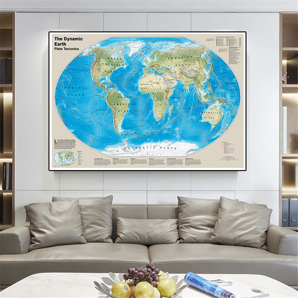 150*100cm The Dynamic Plate Tectonics Map of The World Retro Wall Art Poster Vinyl Canvas Painting Home Decor School Supplies
