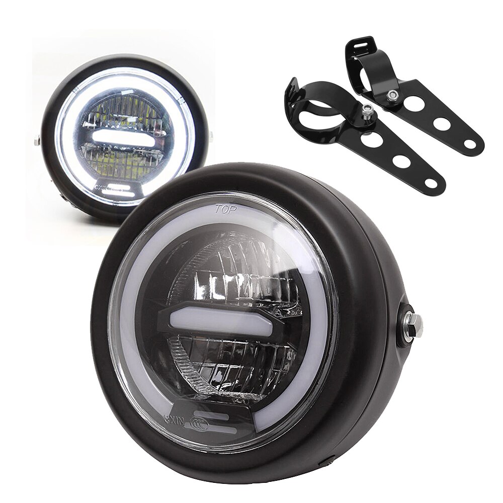 6,5 zoll LED Cafe Racer Motorrad Scheinwerfer Lampe Halo DRL Moto LED Für sportster bobber chopper street glide Scrambler GN125: White and Bracket