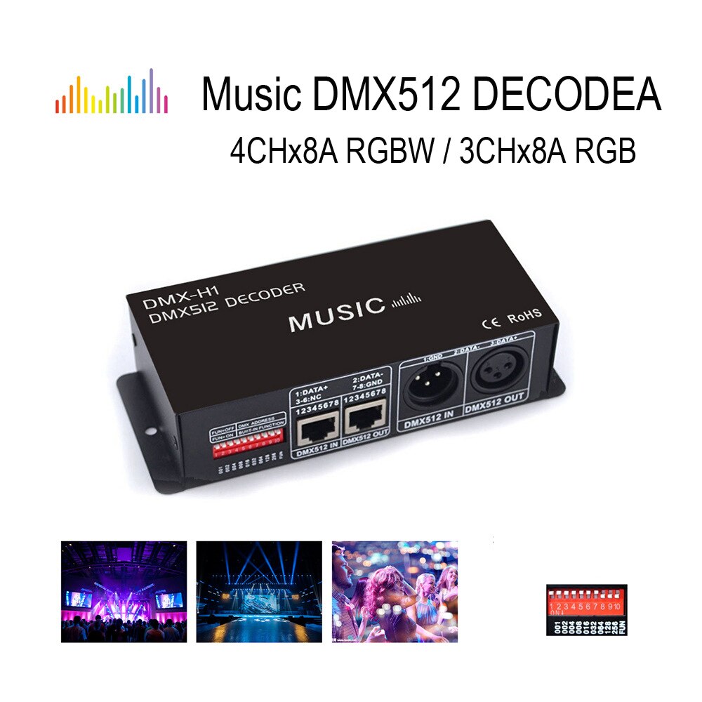 Rgb Rgbw Dmx512 Muziek Decoder Led Strip Dmx Controller 3CH 4CH * 8A Pwm Driver Input DC12-24V Dmx Decoder Licht controle