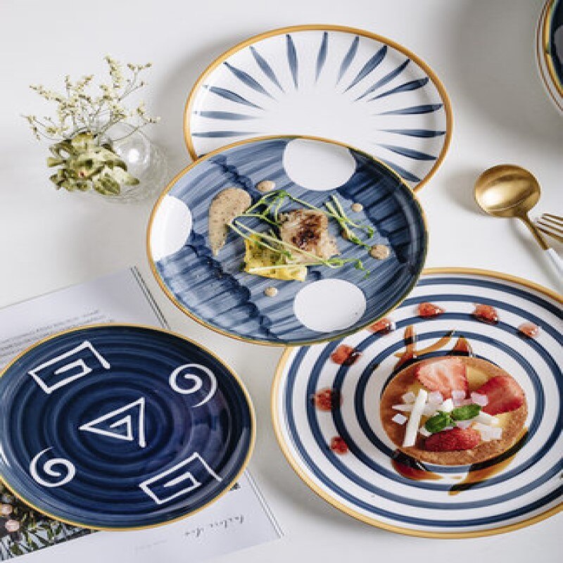 Assiette alimentaire en céramique, peinture à la main, sous glaçure japonaise, bols pour le petit déjeuner ensemble d'assiettes plateau en porcelaine vaisselle ménagère