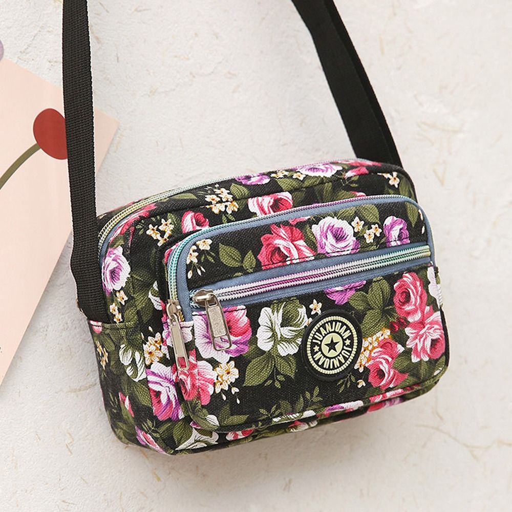 Casual rugzak messenger tas van nylon canvas, schoudertas met meerdere lagen en bloemenprint, moedertas, dames crossbodytas: Bruin