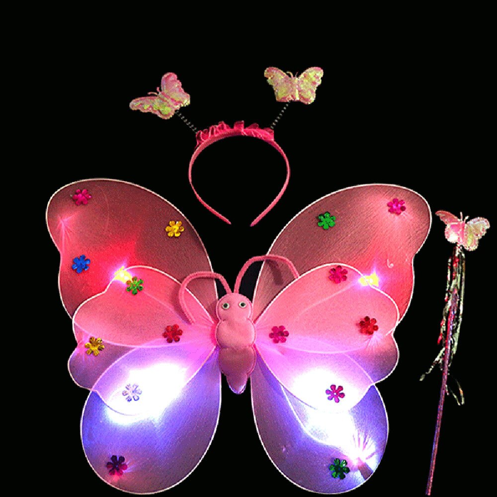 3 Stks/set Dubbele Lagen Meisjes Led Knipperlicht Fairy Butterfly Wing Toverstaf Hoofdband Kostuum Speelgoed: C