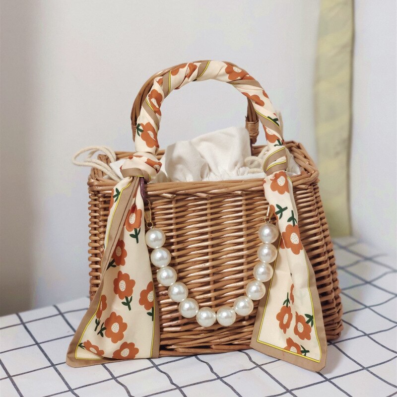 Bolso tejido de mimbre para mujer, organizador de escritorio de ratán, de boda, bolso femenino, cesta con decoración de cinta