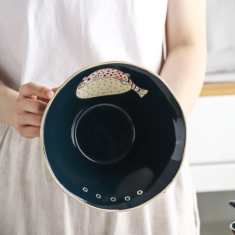 Japansk keramik handmålad katt globefish hushållssoppa nötkött lamian nudlar skål ramen retro sallad porslin tallrik porslin