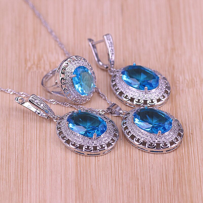Big White Crystal &Zircon Silver Color Jewelry Earrings Ring With Necklace Set Middle East Style: sky blue
