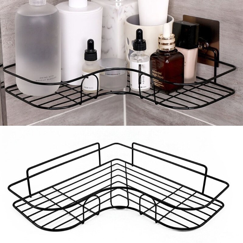 Self Adhesive Bathroom Shower Shelf Metal Wall Mounted Storage Organizer Rack Triangle Basket No Drilling: BK