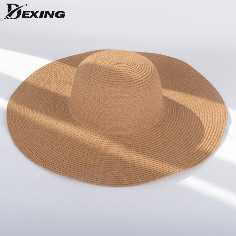 Sommer brede rand halm hatte solide hatte til kvinder uv beskyttelse panama damer floppy fold hat chapeau femme strand hatte kvinder: Khaki
