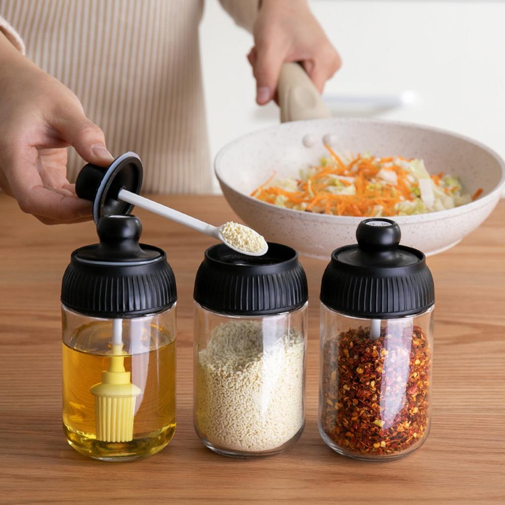 3Pcs Spice Glass Bottles Oil Brush Honey Lid Seal Seasoning Spoon Jar Kitchen Cruet