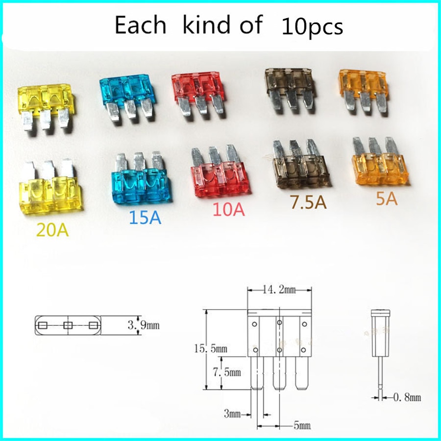 50Pcs/Set Fuse 3 Pins Automotive Car Fuse for Ford Focus Mondeo Dodge 5A 7.5A 10A 15A 20A