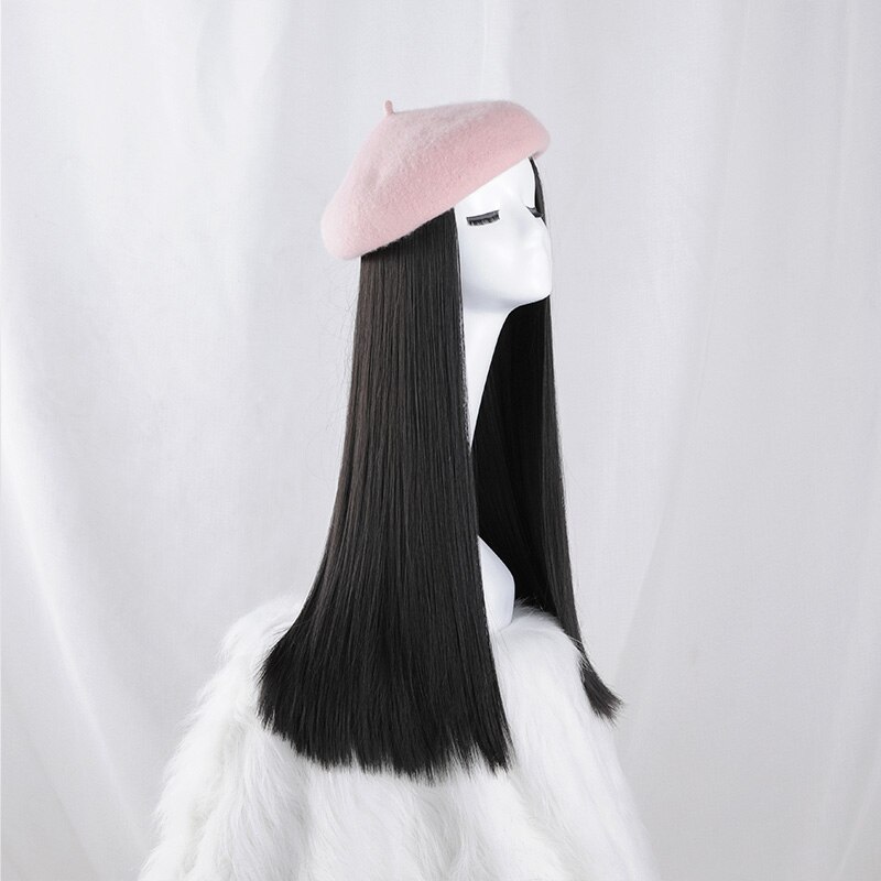 Boina de peluca sin pegamento, pelo liso clásico, Boina de pelo corto, Boina con volante grande, boina, peluca, gorro: Color rojo