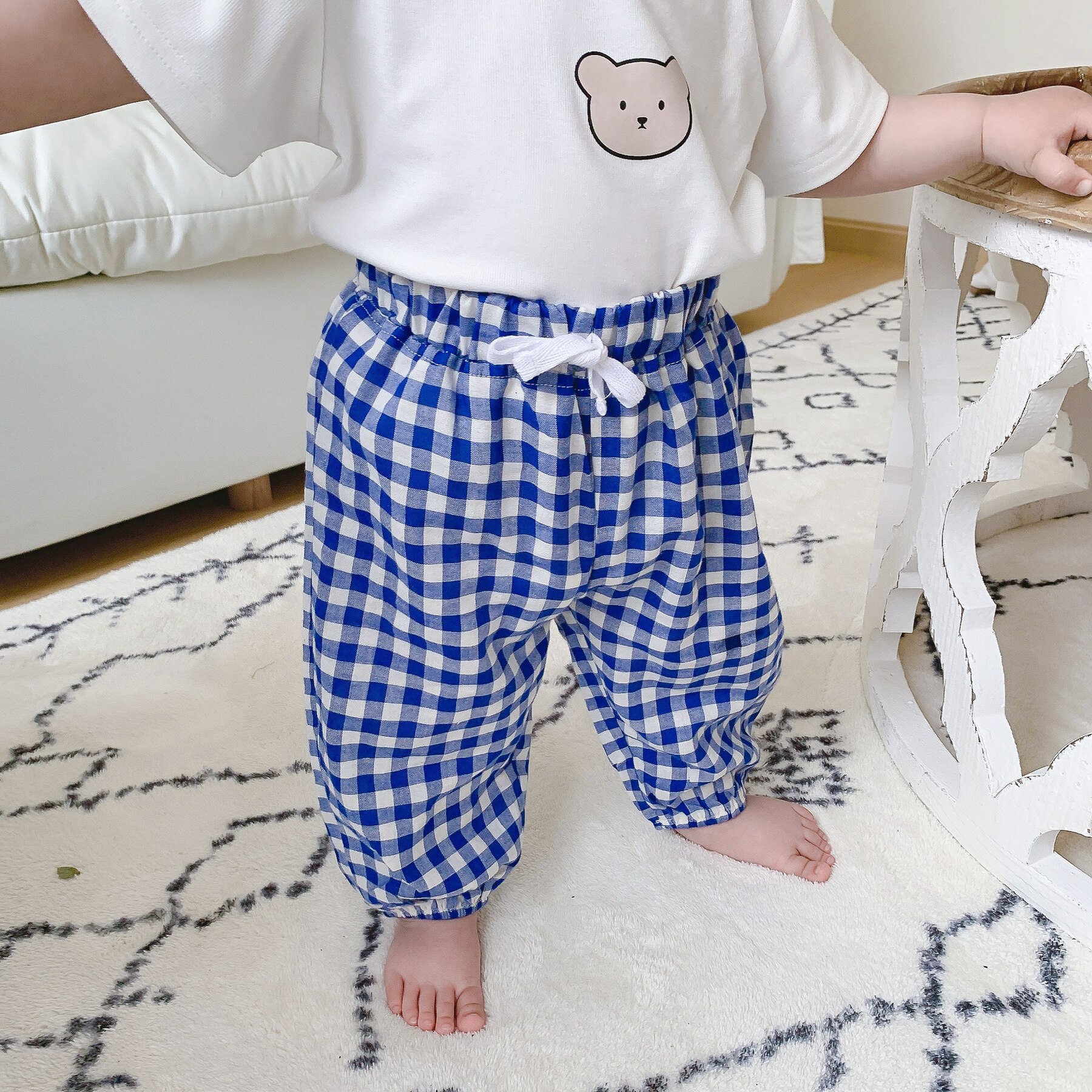 Calças compridas de algodão xadrez de primavera, calças para bebês, meninos e meninas, roupas pretas para bebês