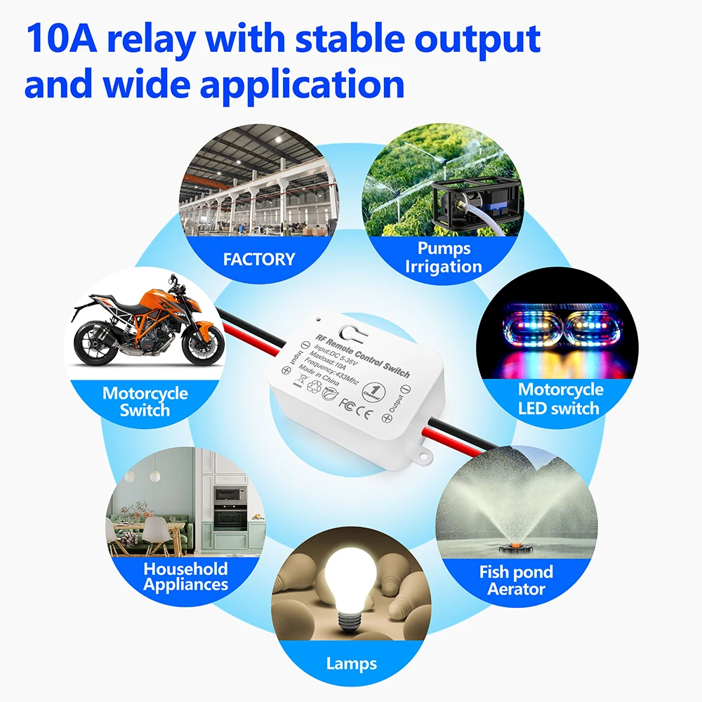 Interruptor de Control remoto inalámbrico, Mini receptor de relé RF, transmisor de 50m para bombas, ventilador de luz LED, 433Mhz, CC 6V, 12V, 24V, 30V, 36V, 10A