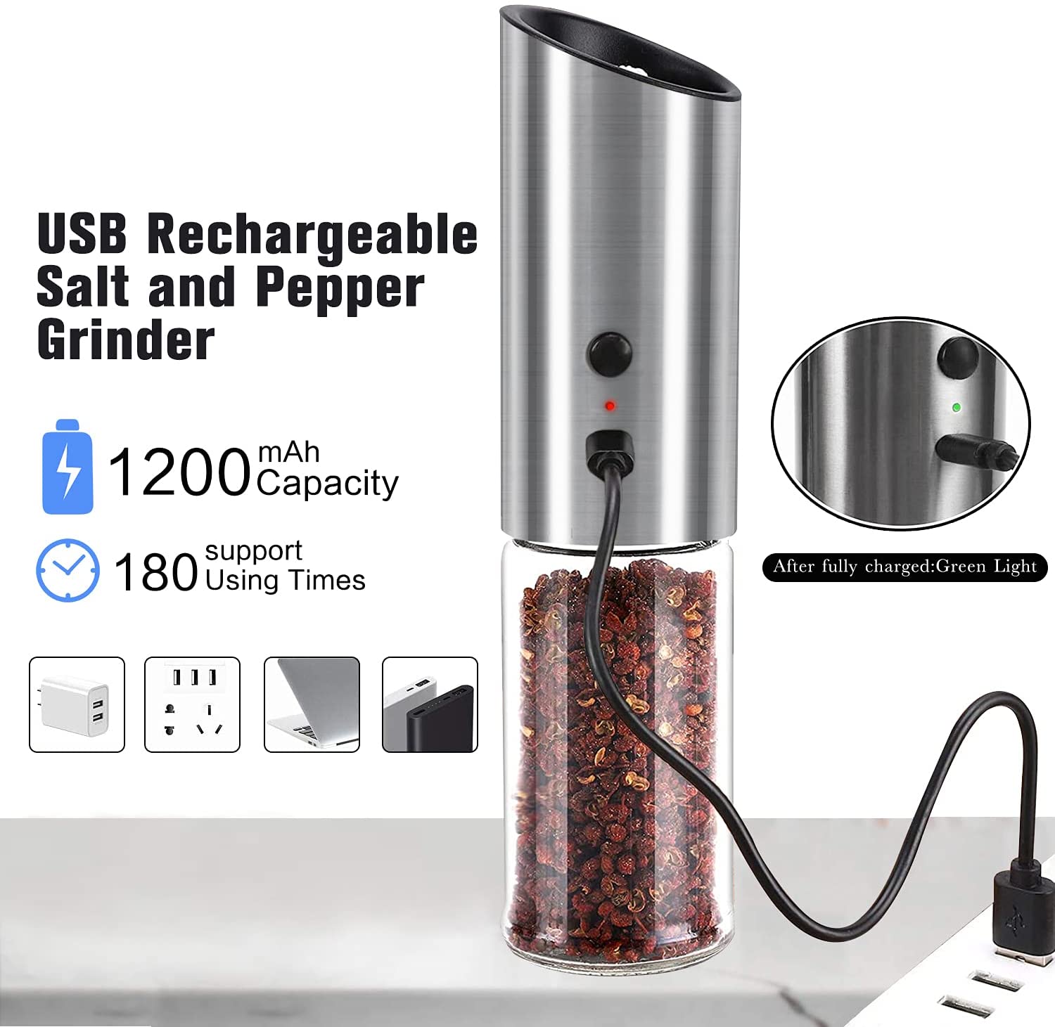 Electric Salt &amp; Pepper Grinder USB Rechargeable Pepper Mill Adjustable Coarseness LED Light Automatic Spice Grinder Kitchen Tool