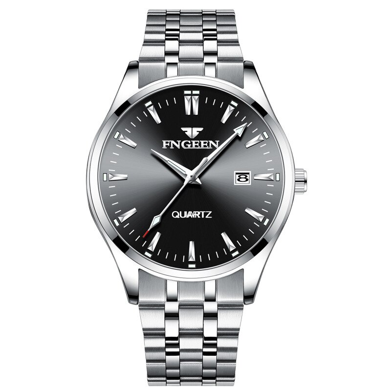 Fngeen serie ur herre quartz ure montre homme rustfrit stål mærke luksus sport kronograf herre ur relogio masculino: Sort sølv