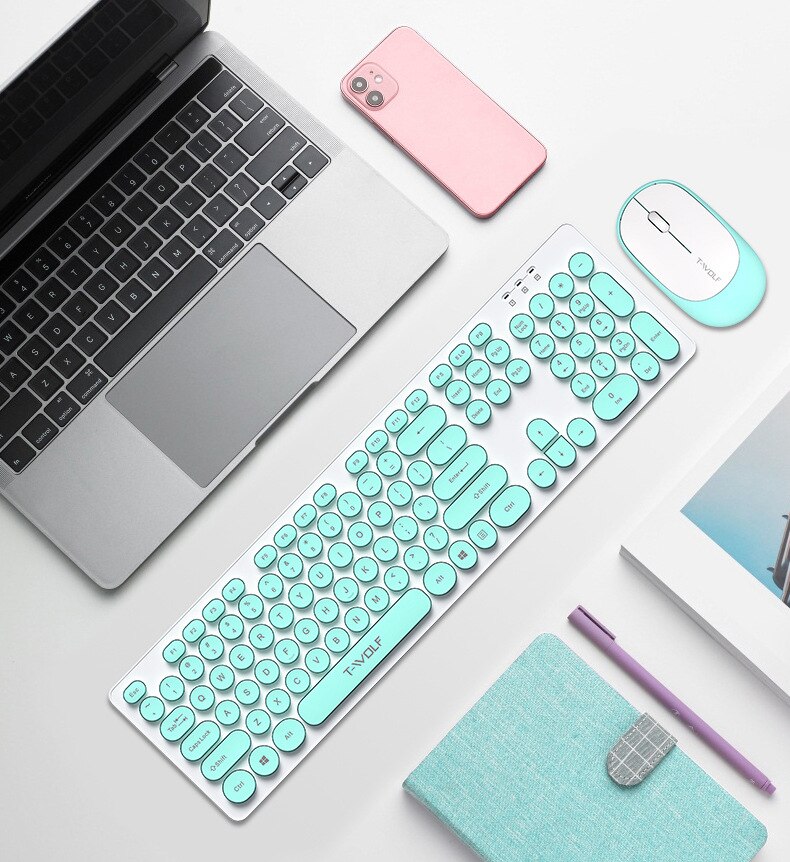 Thunder Wolf TF770 Wireless Keyboard and Mouse Set Punk Round Keycap Pink Girl Wireless Keyboard and Mouse for PC Laptop Office