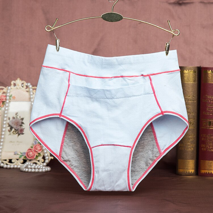 Detail blød kvindelig menstruationsfysiologisk underbukse dame høj talje bomulds skridtbukser lækker bevis sanitær undertøj kort: Lyseblå