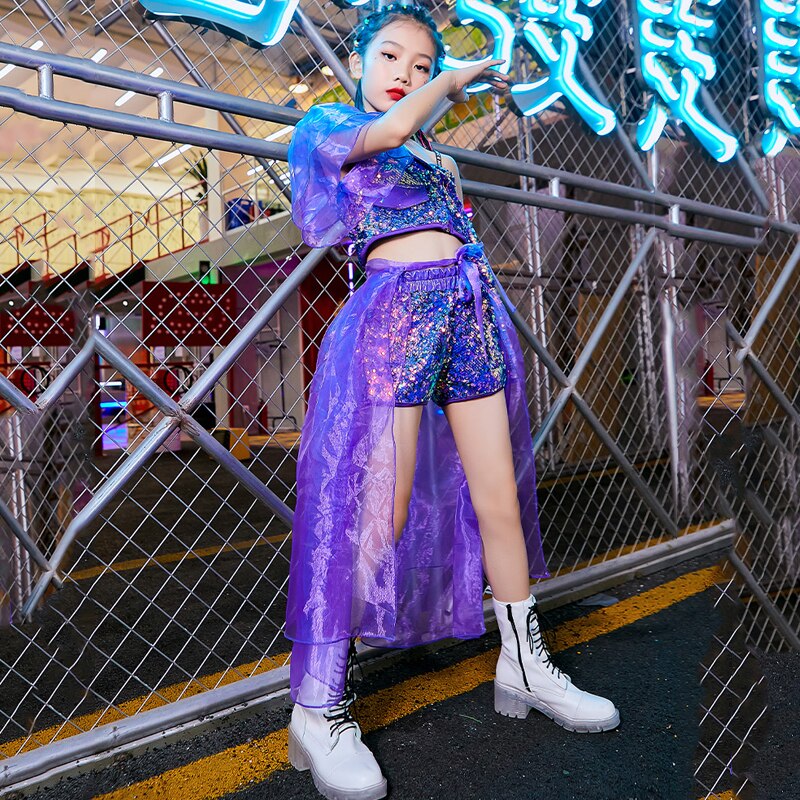 Glimmende pailletten podiumkostuums voor kinderen hiphop performance kleding meisjes jazz dans set paarse band outfit dnv 14051
