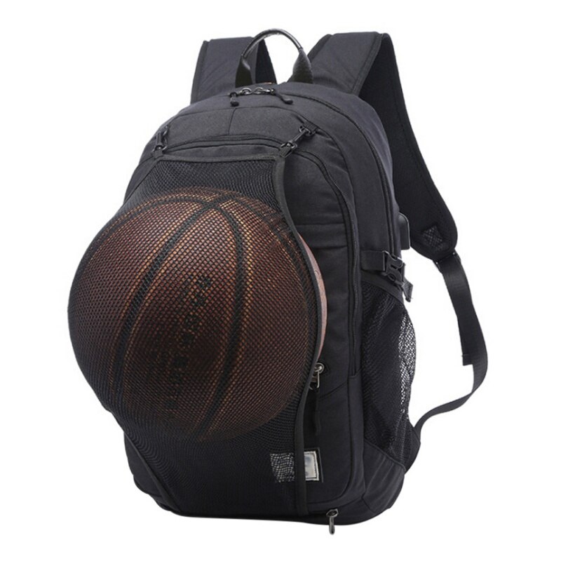 Menn sport basketball ryggsekk laptop skolesekk for tenåringer gutter fotball ball bag bag hann med fotball basketball nett: Svart