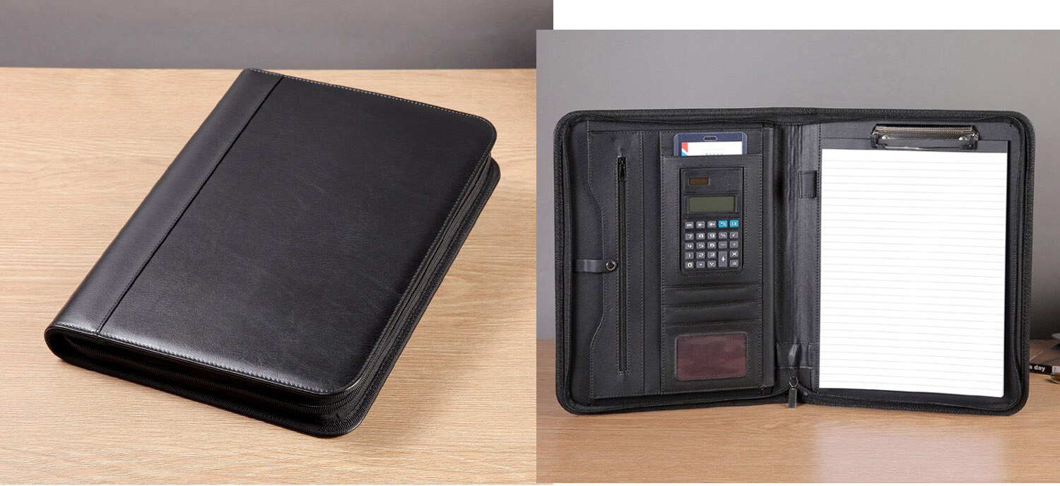 Business Zippered A4 Padfolio PU Leather Modern Portfolio with Calculator Pockets For Office Supply: black B