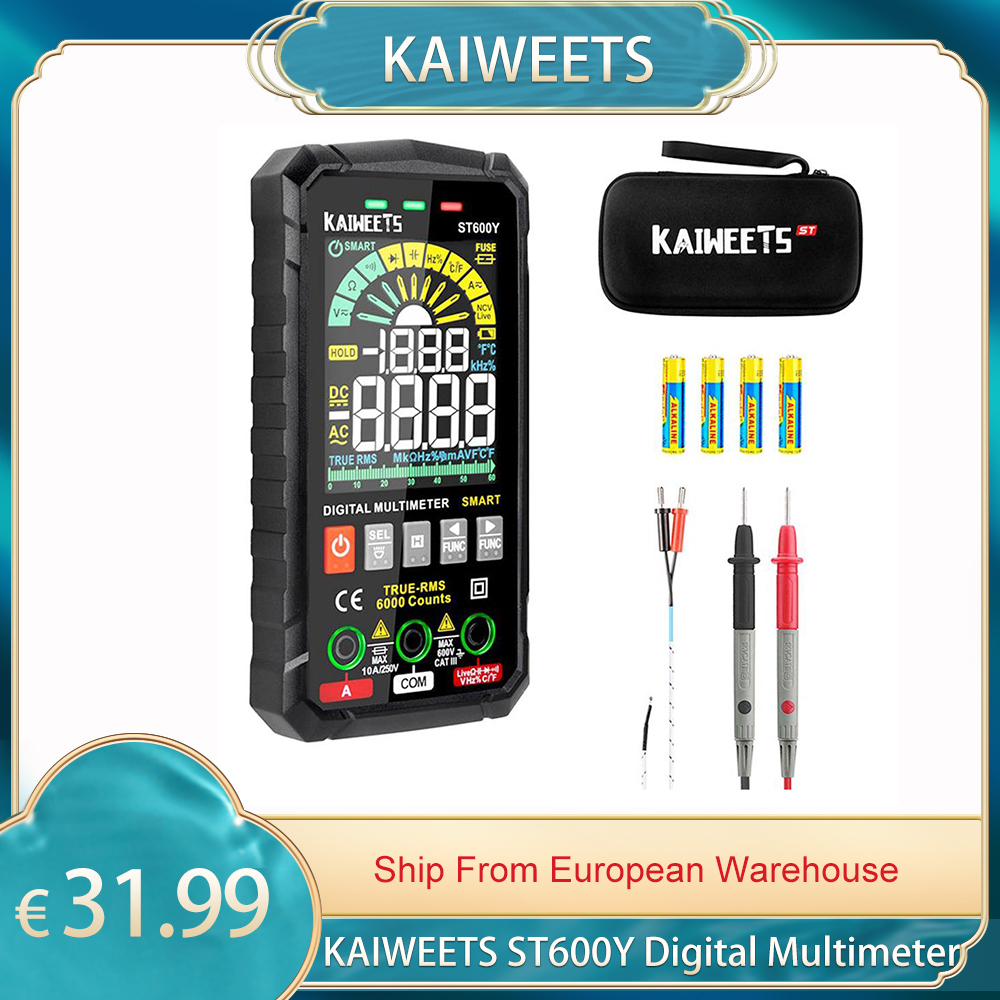 KAIWEETS-multímetro inteligente Digital ST600Y, 6000 recuentos, rango automático de valores eficaces auténticos, NCV, probador de voltaje CA y CC