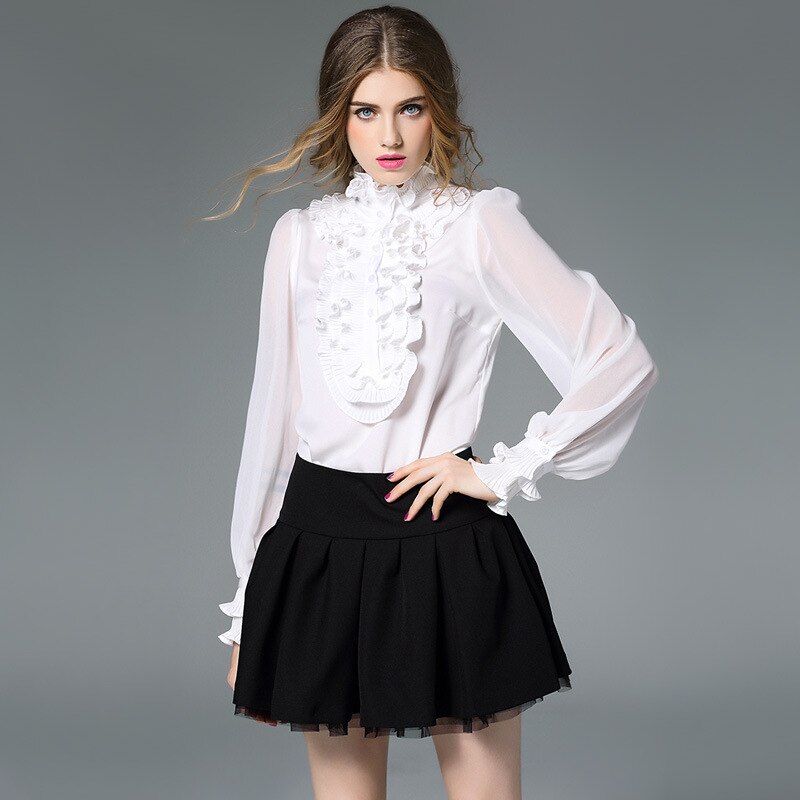 Haut de gamme automne nouvelle femmes Satin soie Blouse chemise décontracté à volants col pli pulls réel soie Blouses hauts