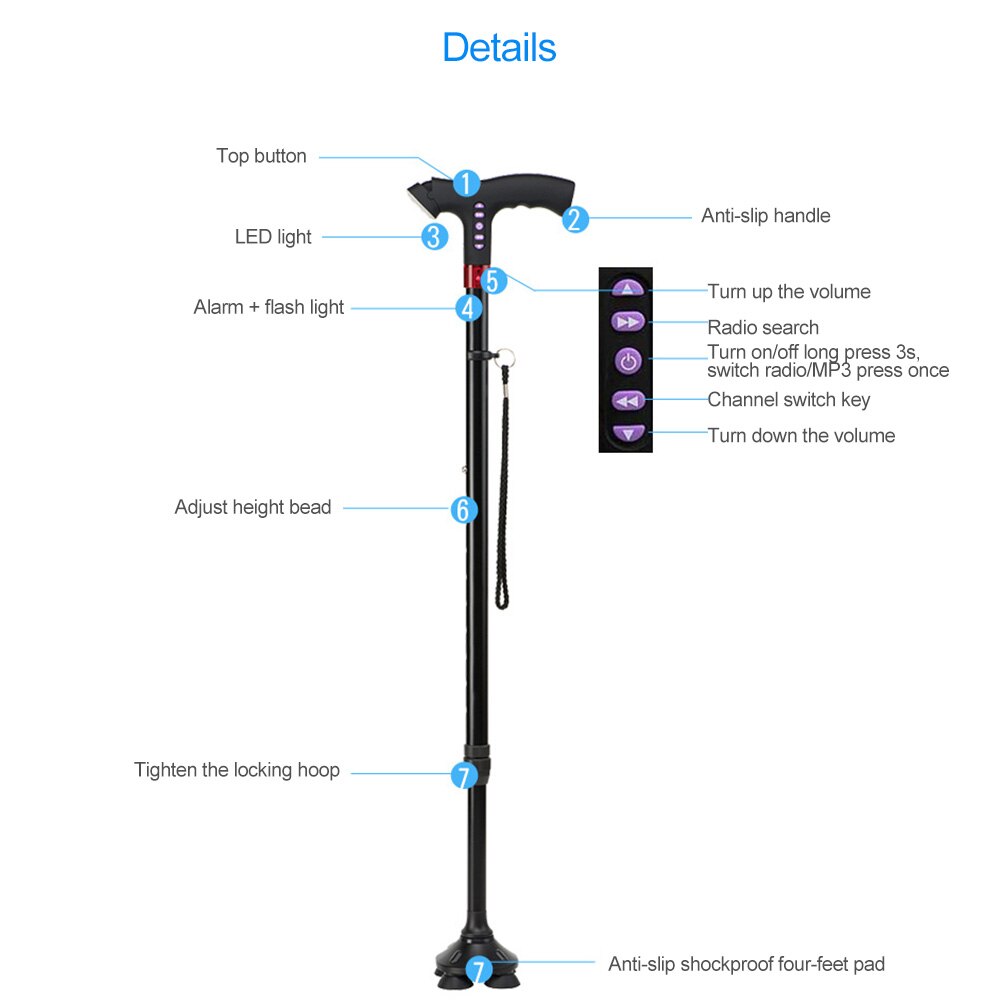 Elderly Adjustable L-ED Walking Cane FM Radio MP3 Smart Safety Fall Alarm Walking Stick Trusty Sticks for the Elder Fathers